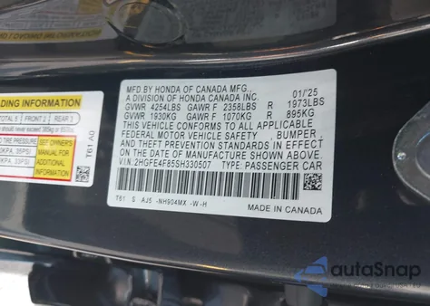 2025 Honda Civic Hybrid Sport/Sport Touring из США, поврежденный, VIN 2HGFE4F85SH330507